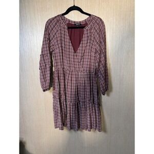 Madewell Dress Womens Small Red Plaid Tiered Long Sleeve V Neck Casual Cotton